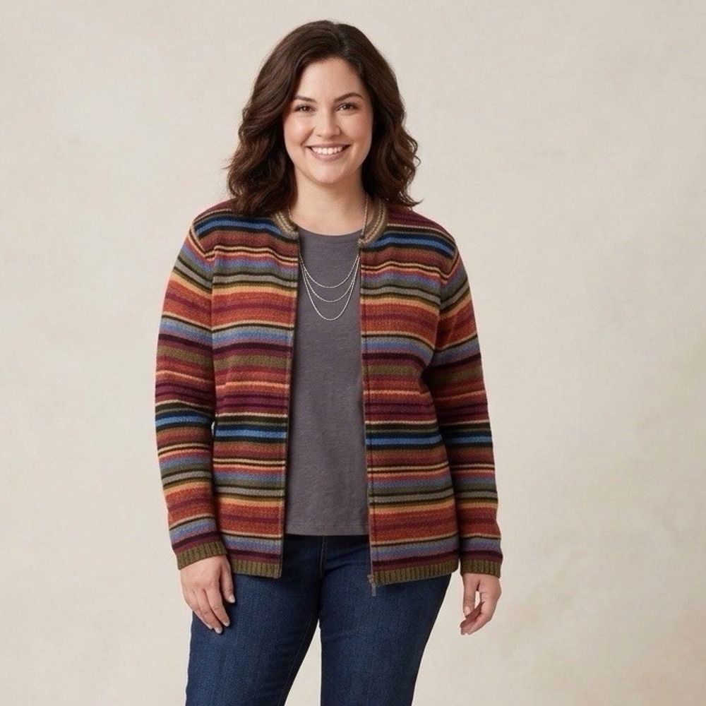 Paraphrase Striped Multicolor Full Zip 100% Lambswool Cardigan Sweater 2X